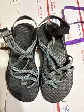 Chaco Women's Gray Sandals with Light Blue Accent Straps